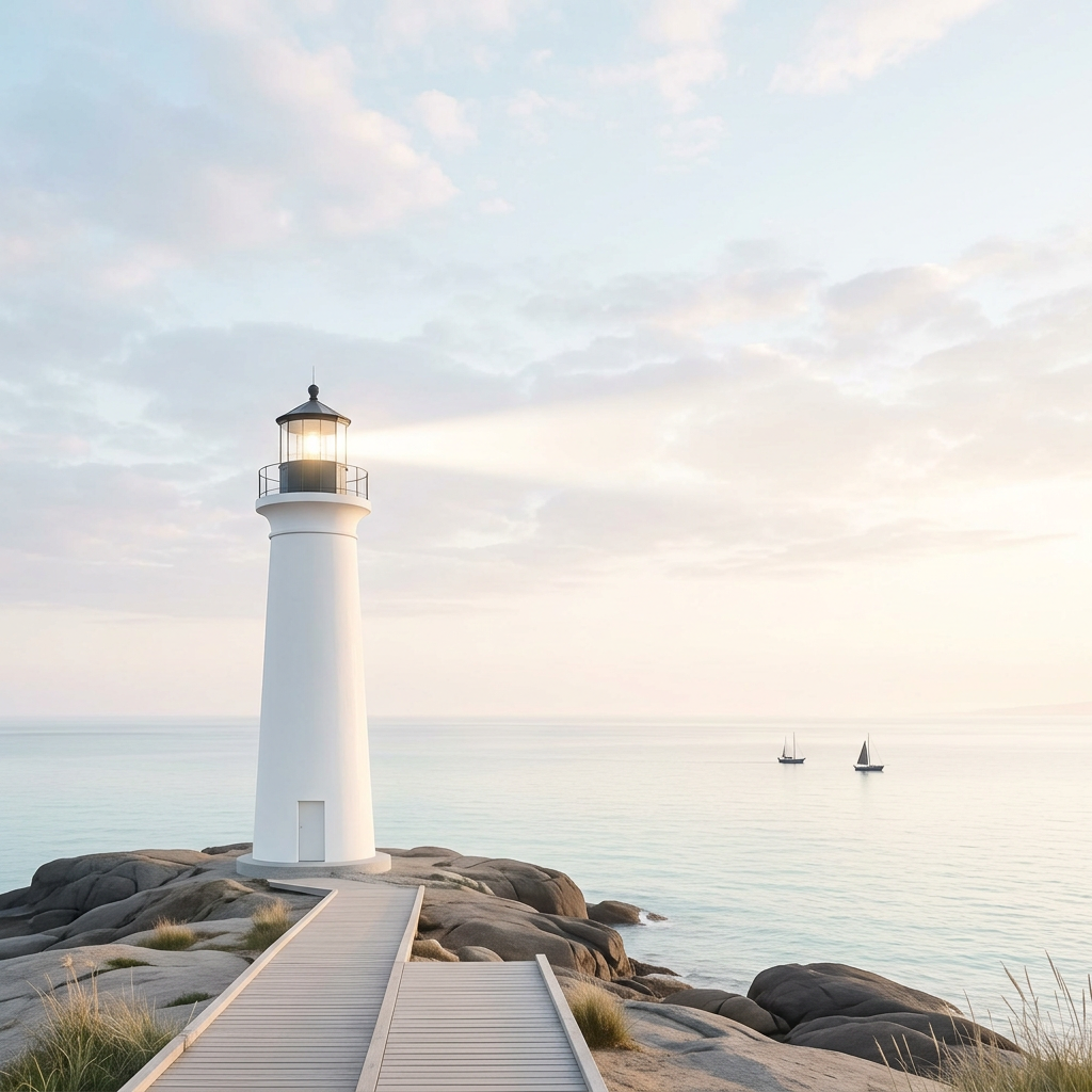 White lighthouse on rocky coast with light beam over calm ocean and two sailboats